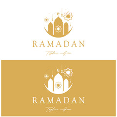 Fototapeta premium Ramadan Mubarak logo with lantern elements, crescent moon and star mosque building, Islamic calligraphy pattern, for business, architecture, Muslims, Eid, Eid cards, Islamic education