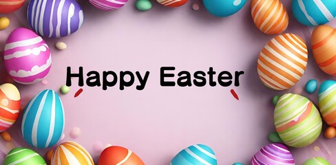 Happy Easter words, Colorful Easter eggs surrounding, frame. Concept.