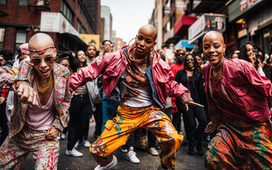 Fototapeta na wymiar Diverse Group of Joyful Dancers at a Vibrant Street Festival - Daytime Urban Celebration