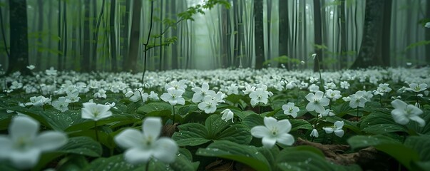 Tranquil scene of forest floor blanketed in white trilliums. Concept Tranquil Scenes, Forest Floor, White Trilliums, Nature Photography