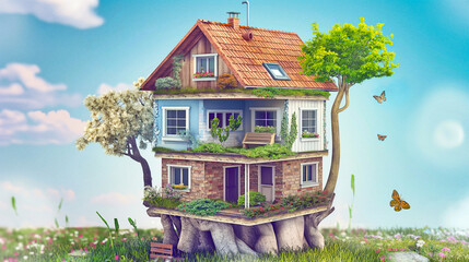 cartoon treehouse on beautiful spring garden meadow with flowers - 754289219