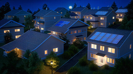 Houses in suburb with solar panels at night - 754289256