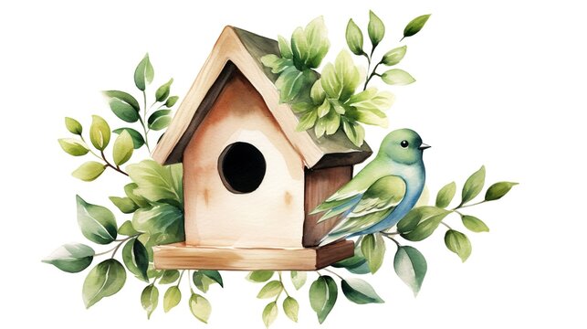 Illustration of bird house with green leaves on a white background. Animal bird box concept.
