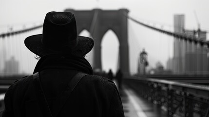 Close-up and back view of a man with a hat on a bridge in noir style and black and white photography with copy space