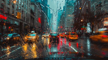 rainy weather in the evening city.