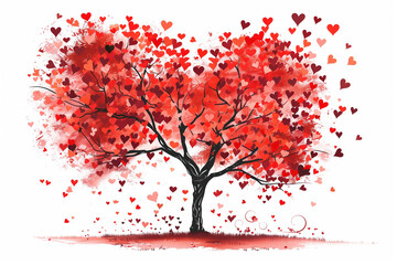 Tree of love with red heart-shaped leaves sketch on white background. Valentine's Day card.