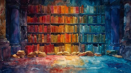 A watercolor of an ancient library