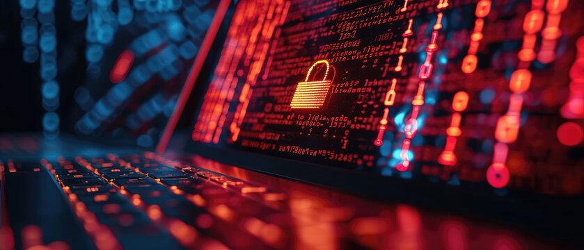 System hacked warning alert on laptop computer. Cyber attack on computer network, virus, spyware, malware or malicious software. Cyber security and cybercrime concept. 