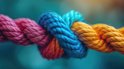 Team rope diverse strength connect partnership together teamwork unity communicate support. Strong diverse network rope team concept integrate braid color background cooperation
