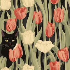 Elegant tulips and hidden black cats in a seamless pattern, blending nature with a hint of mystery for sophisticated textiles.
