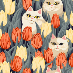Adorable cat faces nestled among lush tulips; a tranquil garden illustration perfect for serene home textiles and decor.
