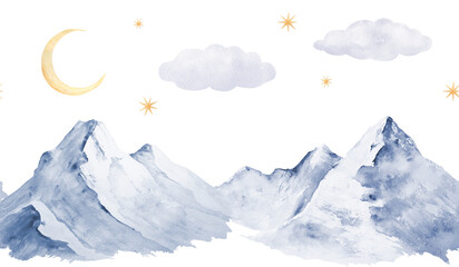 Seamless banner or frame with watercolor illustration of snowy blue mountains, moon, stars,clouds. Handmade landscape, suitable for wallpaper and room decor, postcards