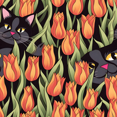 A seamless spring pattern with sleek black cats among fiery tulip blooms; perfect for a playful, vibrant, and dynamic look.

