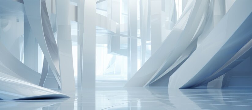 The image features an abstract architectural interior of a hallway with blue and white walls. A white sculpture and geometric glass lines add a modern touch to the space.
