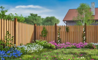 green grass and flowers lawn and wooden fence in spring backyard garden - 754291231