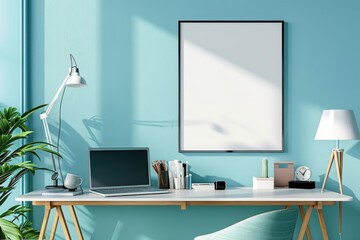 mockup frame. Poster mockup on home office wall in modern design in turquoise color.