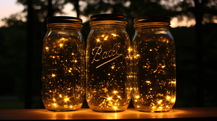 Mason Jar with Fireflies  Glass mason jar filled with - obrazy, fototapety, plakaty