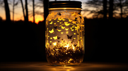 Mason Jar with Fireflies  Glass mason jar filled with - obrazy, fototapety, plakaty