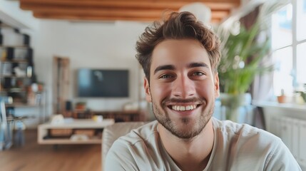 Obraz premium Selfie picture of a happy young handsome millennial man smiling at the camera in the living room in a modern home
