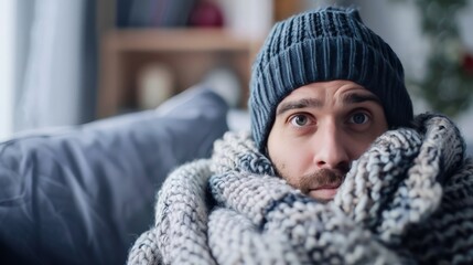 A young man dressed in warm clothes indoors feels cold, possibly due to a broken heating system or an effort to save costs - obrazy, fototapety, plakaty