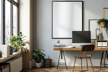 mockup frame. Poster mockup on home office wall in modern design in white color.