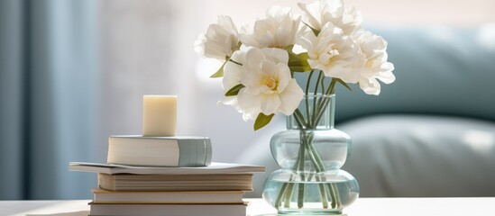 A glass table is adorned with a stack of books and a vase filled with white flowers in a cozy home interior setting.