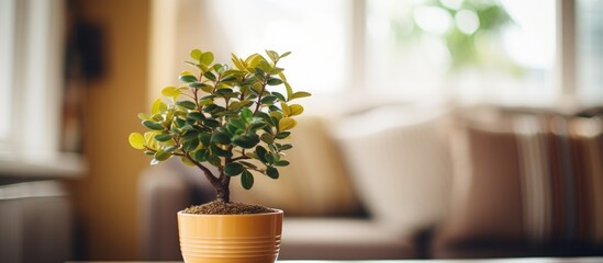A potted plant with lush green leaves sits on top of a wooden table in a room. The selective focus highlights the intricate details of the plant and the natural textures of the table.