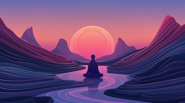 Obraz przedstawia osobę medytującą na środku rzeki, wskazując na stan skupienia i spokoju w abstrakcyjnym obrazie z linii w kolorach fioletu. © Artur