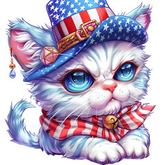 Cute cartoon American cat in a cylinder hat isolated on transparent background. For USA Independence day July 4th celebration. Funny animal flat clipart illustration for sticker, banner