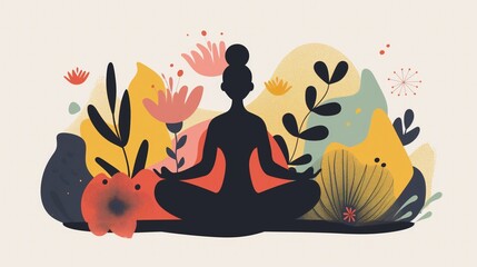 Osoba w pozycji lotosu siedzi otoczona roślinami, praktykując mindfulness wśród zieleni i natury. - obrazy, fototapety, plakaty