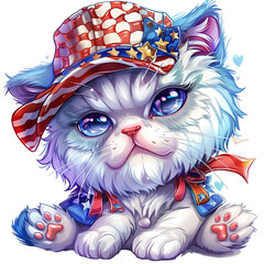 Cute cartoon American kitten in a baseball cap isolated on transparent background. For USA Independence day July 4th celebration. Funny animal flat clipart illustration for sticker, banner