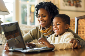African American mother and son are attentively looking at the screen of a laptop together, possibly engaged in a digital activity or learning session.