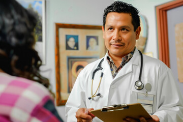Male Latin doctor with clipboard and stethoscope talking to a patient in a hospital medical office.