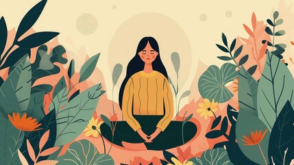 Kobieta siedzi w pozycji lotosu, skupiona na praktykowaniu mindfulness, otoczona zielonymi roślinami w tle. - obrazy, fototapety, plakaty