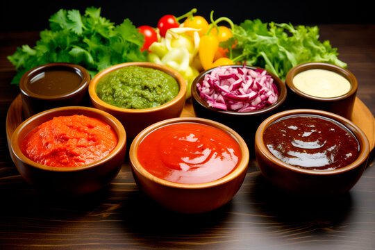 Assorted sauces in bowls on wooden background. Selective focus