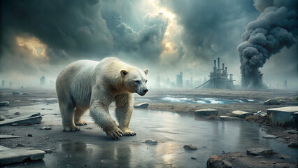 Polar bear threatened by climate change, global warming and ice melting, walking on a polluted land in a toxic atmosphere - Generative AI