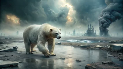 Fotobehang Polar bear threatened by climate change, global warming and ice melting, walking on a polluted land in a toxic atmosphere - Generative AI © Алишер