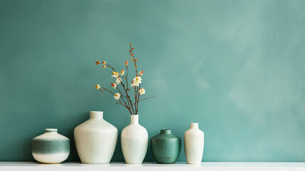 Minimal interior design with ceramic vases on teal pla - obrazy, fototapety, plakaty