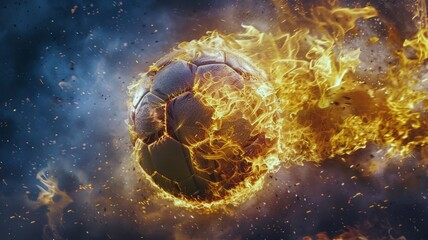 Soccer ball engulfed in flames representing the burning passion for the sport worldwide