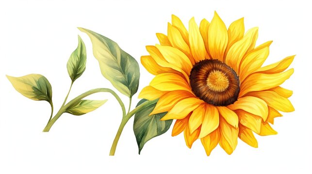 Watercolor yellow sun flower with green leaves on a white background. Hand drawn botanical summer flower concept.
