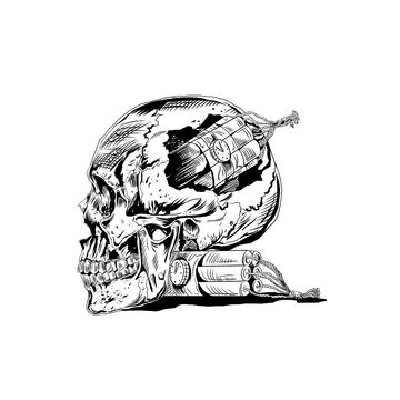 skull with a bomb black and white illustration