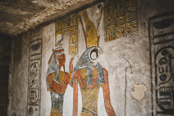 Hieroglyphs on walls of the Tomb of Ramesses III (KV11) at the Valley of Kings in Luxor, Egypt