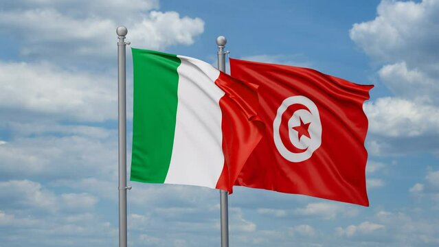 Tunisia and Italy two flags waving together, looped video, two country cooperation concept