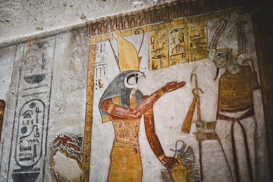 Hieroglyphs on walls of the Tomb of Ramesses III (KV11) at the Valley of Kings in Luxor, Egypt