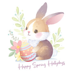 Cute little bunny holding Easter egg.  Vector illustration in watercolor style of adorable little rabbit on floral background.