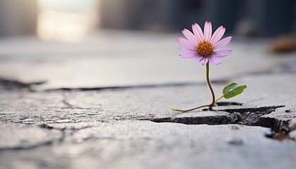 A flower growing on the concrete of a sidewalk, closeup shot, minimalism background. Concept of ecology, safe the planet symbol, environmental; renewal, survivor and strength inspiration 