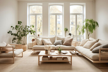A tranquil Scandinavian living room bathed in soft beige hues, featuring sleek furnishings and...