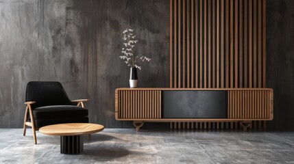Dark contemporary living room interior with wooden sideboard, small coffee table and comfortable black armchair on concrete floor. Minimalist Scandinavian design