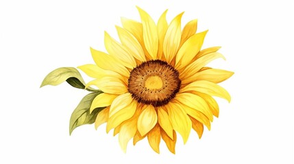 Obraz premium Watercolor yellow sun flower with green leaves on a white background. Hand drawn botanical summer flower concept.