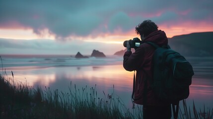 Osoba trzymająca aparat fotograficzny w dłoniach i fotografująca zachód słońca na tle nieba.